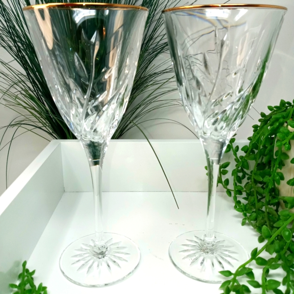 Pair Gold Rim Crystal Drinking Glasses - Picture 1 of 5